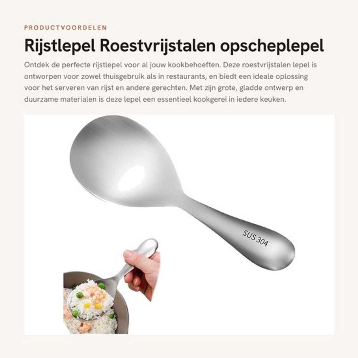 Rijstlepel 20x7x3 cm - Roestvrij Staal 304 - Duurzaam - Handvat - Perfect Cadeau - Zilver - Opscheplepel