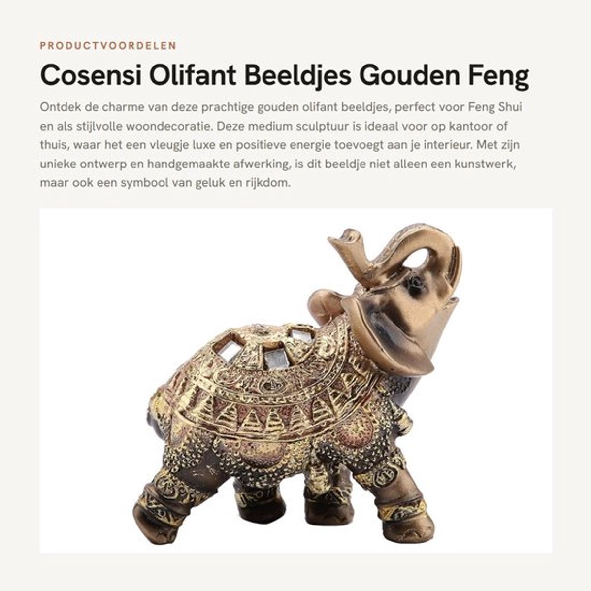 Olifant Beeldje Gouden Feng Shui Sculptuur - Standbeeld - Kunst - Bureau Woondecoratie - Groot 11,5 x 6 x 11,5 cm - Gloednieuw Hars - Decoratiebeeldje