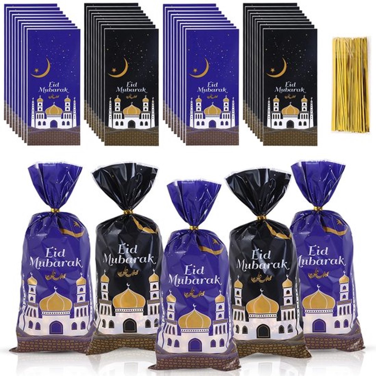 Feestzakjes 100 stuks - Snoepzakjes - Cadeauzakjes - Ramadan-thema - Bedrukt patroon - Met kabelbinders
