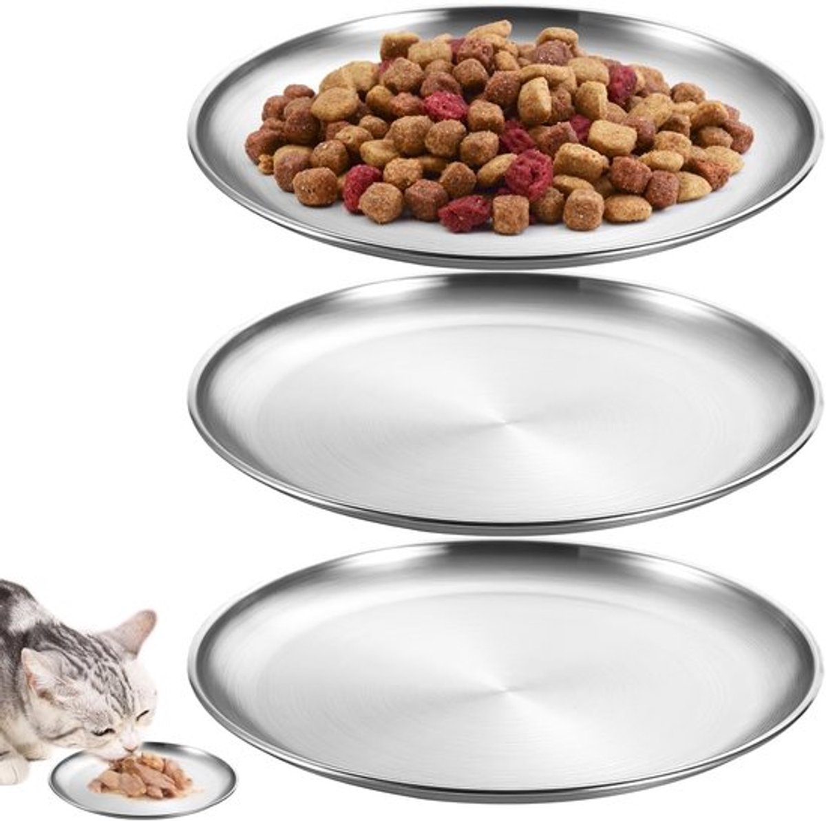 3 stuks 14 cm kattenbak, plat roestvrij staal, voederschaal kat voor katten met brede snorharen, kattenbord, voederbak, platte kattenbakken, valbestendig voor kleine honden, katten