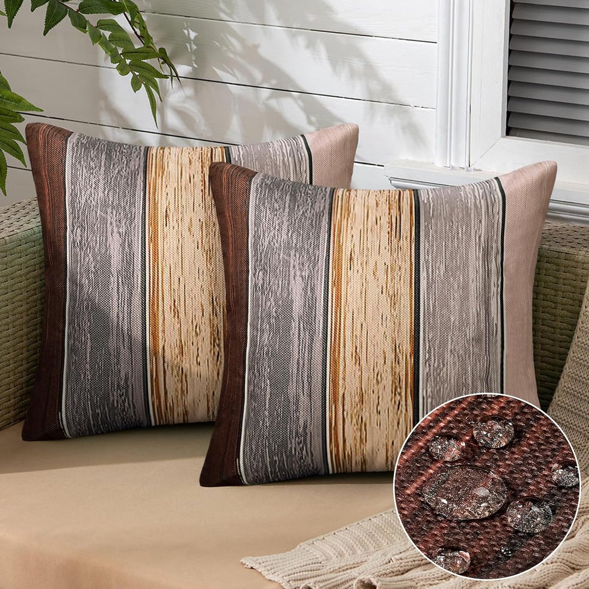 Set van 2 Waterdichte Kussenslopen 50 x 50 cm - Bruin-Grijs Vintage Landhuisstijl voor Buiten