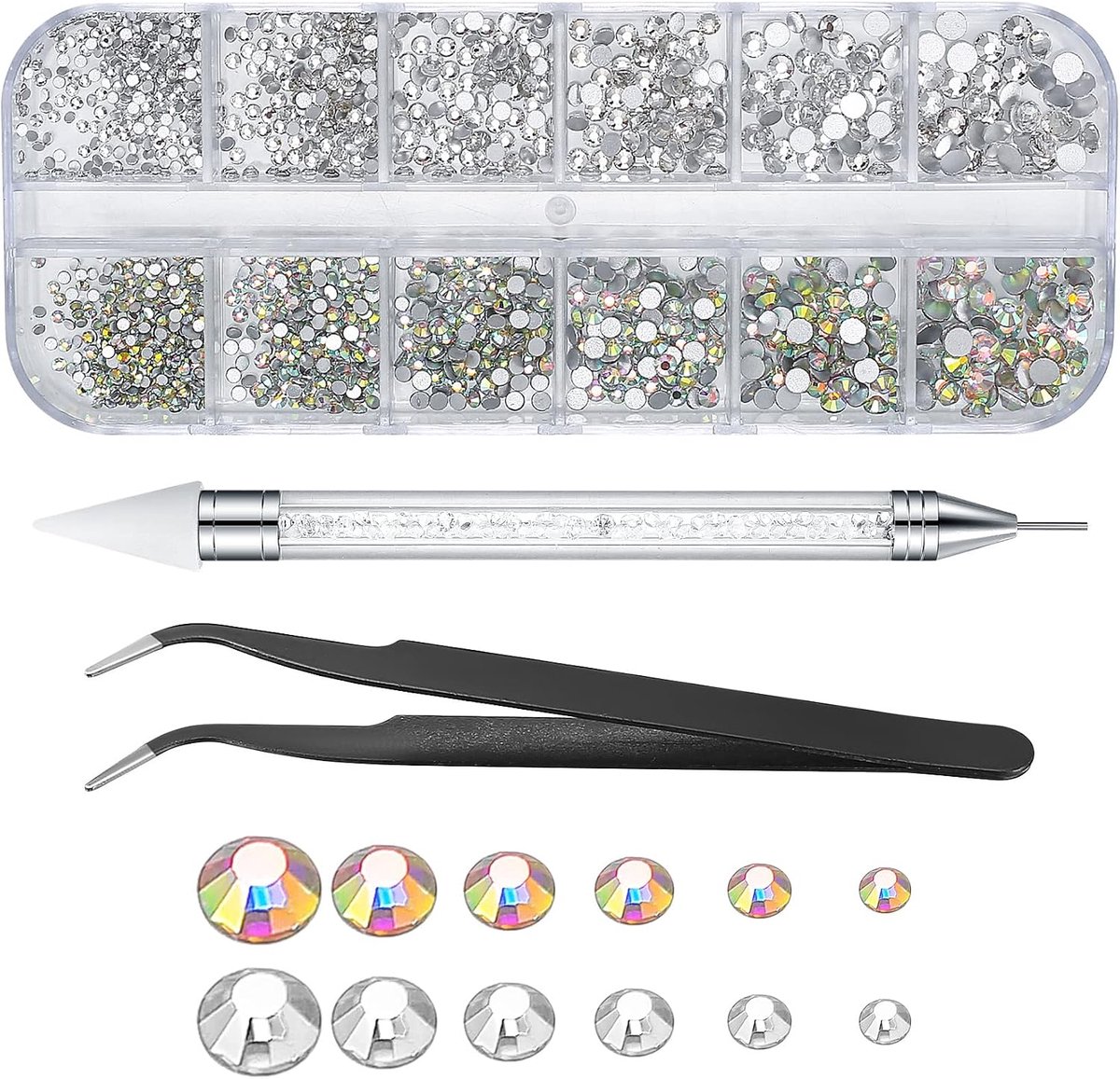 SnelShoppen - Nail Art Rhinestones en Crystals voor Shiny Nagels, 200 Stuks AB Glitter, Inclusief Picker Dots Pen en Tweezers voor Nail Art en Gezicht