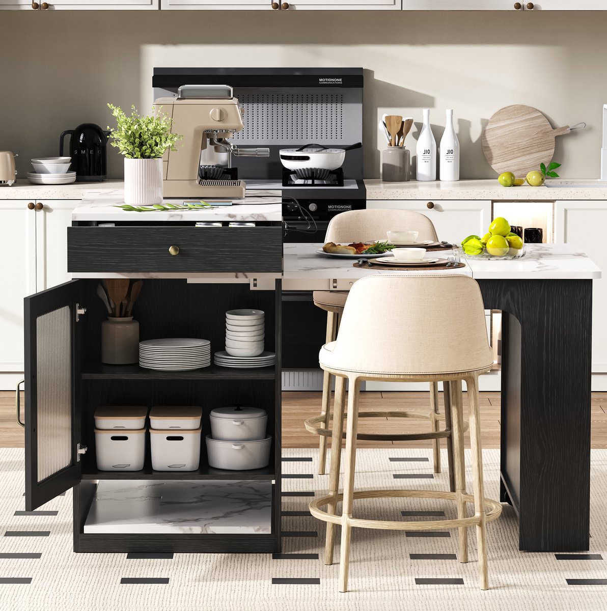 MEUNIQ uitklapbare eettafel en keukenisland 151 cm, zwart wit met marmerlook, lades, opbergvakken en ingebouwde stekkerdoos voor keuken en eetkamer Wit+Zwart