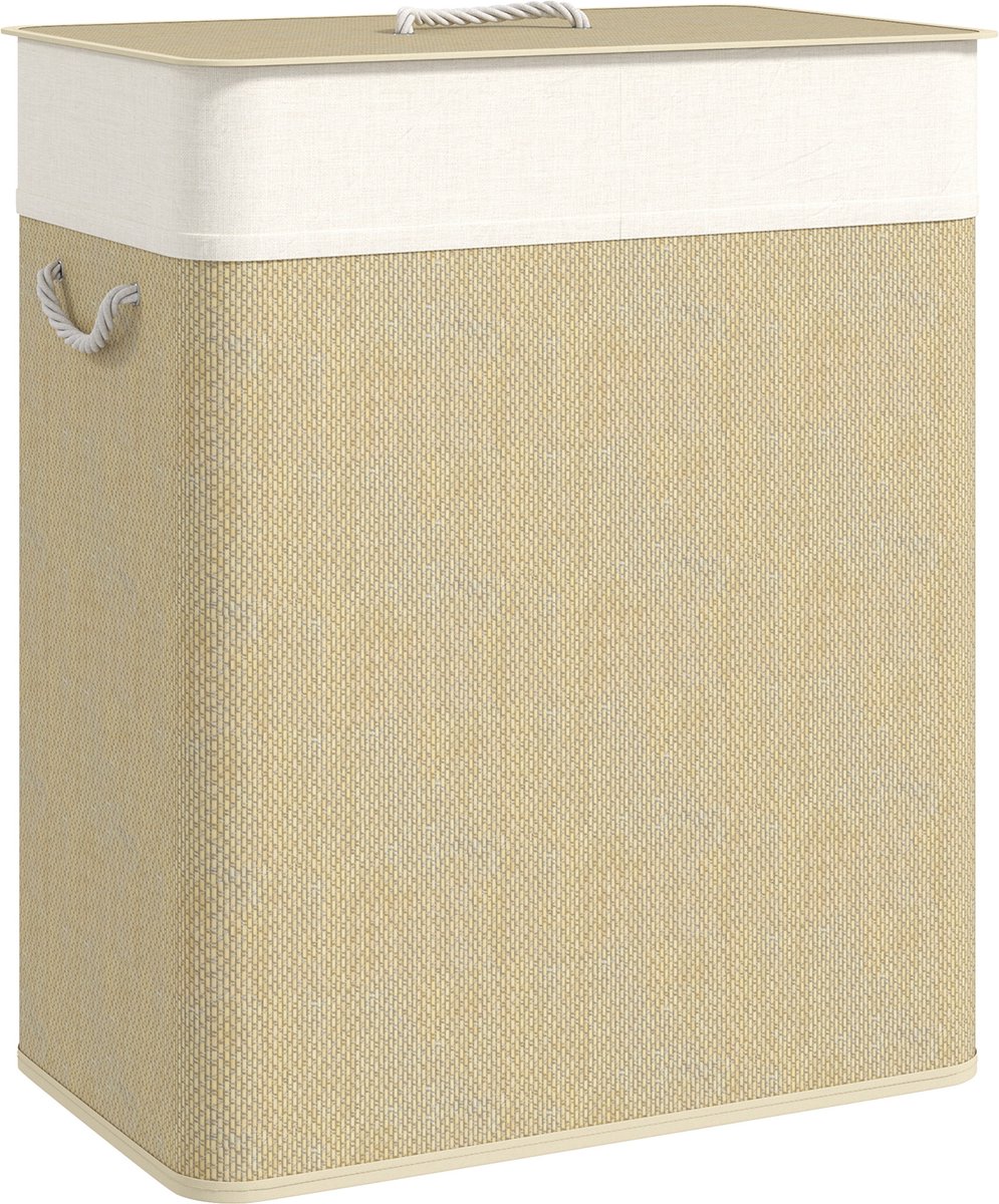 HOMCOM Laundry Hamper-Bambus-52L x 32B x 63H cm-Cremeweiß