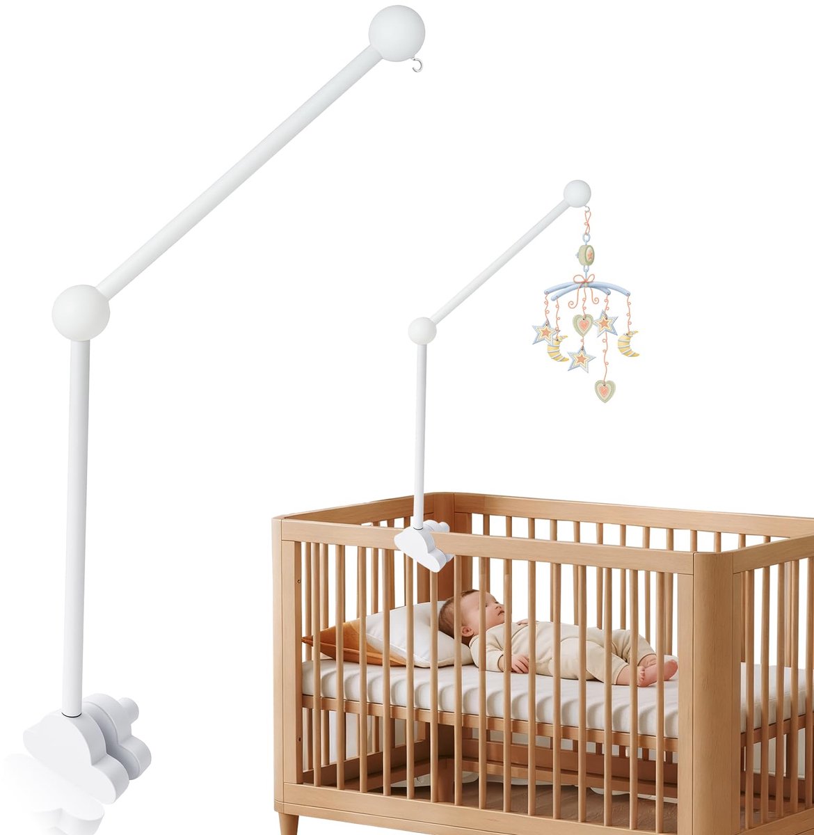 SnelShoppen - Kuvarix Houder voor Babymobiel van Hout, Draaibaar 360°, Wolkvorm Basis, Ideaal voor Babybedje en Aankleedtafel, Windgong Ophangingen in