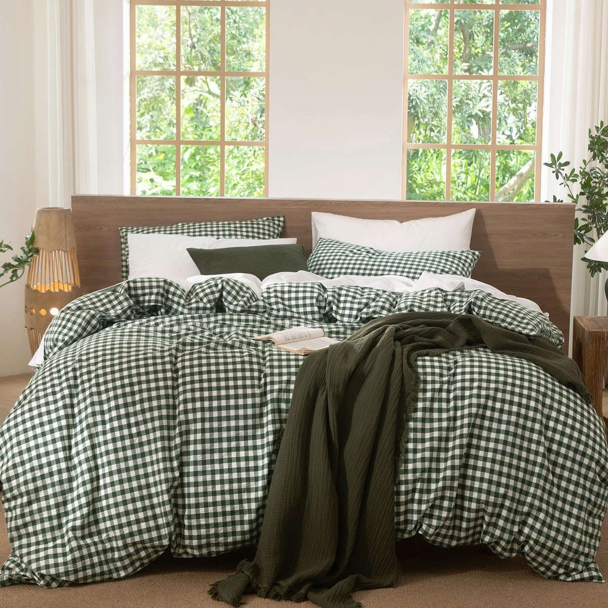 SnelShoppen - Beddengoedset 200 x 200 cm, Katoenen Dekbedovertrek met Ritssluiting, Geruit Groen en Wit, Allergievriendelijk Öko-Tex, 1 Dekbedovertrek