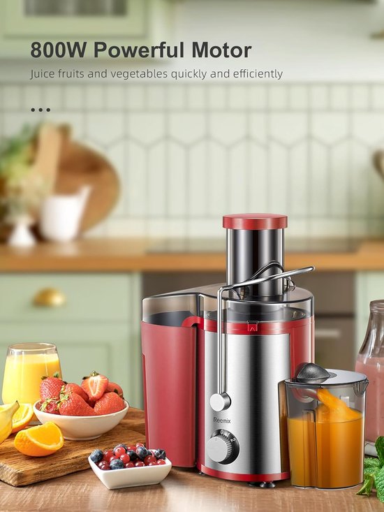 SnelShoppen - Sapcentrifuge voor Groenten en Fruit, 800W, 72 mm Vulopening, BPA-vrij, Rood, Makkelijk te Reinigen, Ideaal voor Keuken en Gezonde Snack van Snelshoppen — afbeelding 4