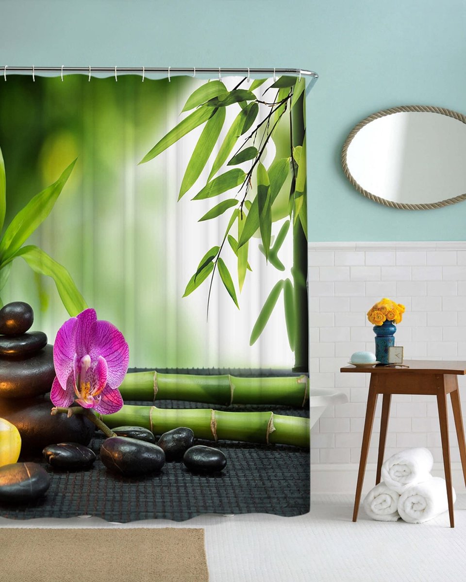 SnelShoppen - Douchegordijn met Bloemen, Anti-Schimmel Polyester, Groen, 150 x 180 cm, Stof Douchegordijn voor Badkamer en Wellness