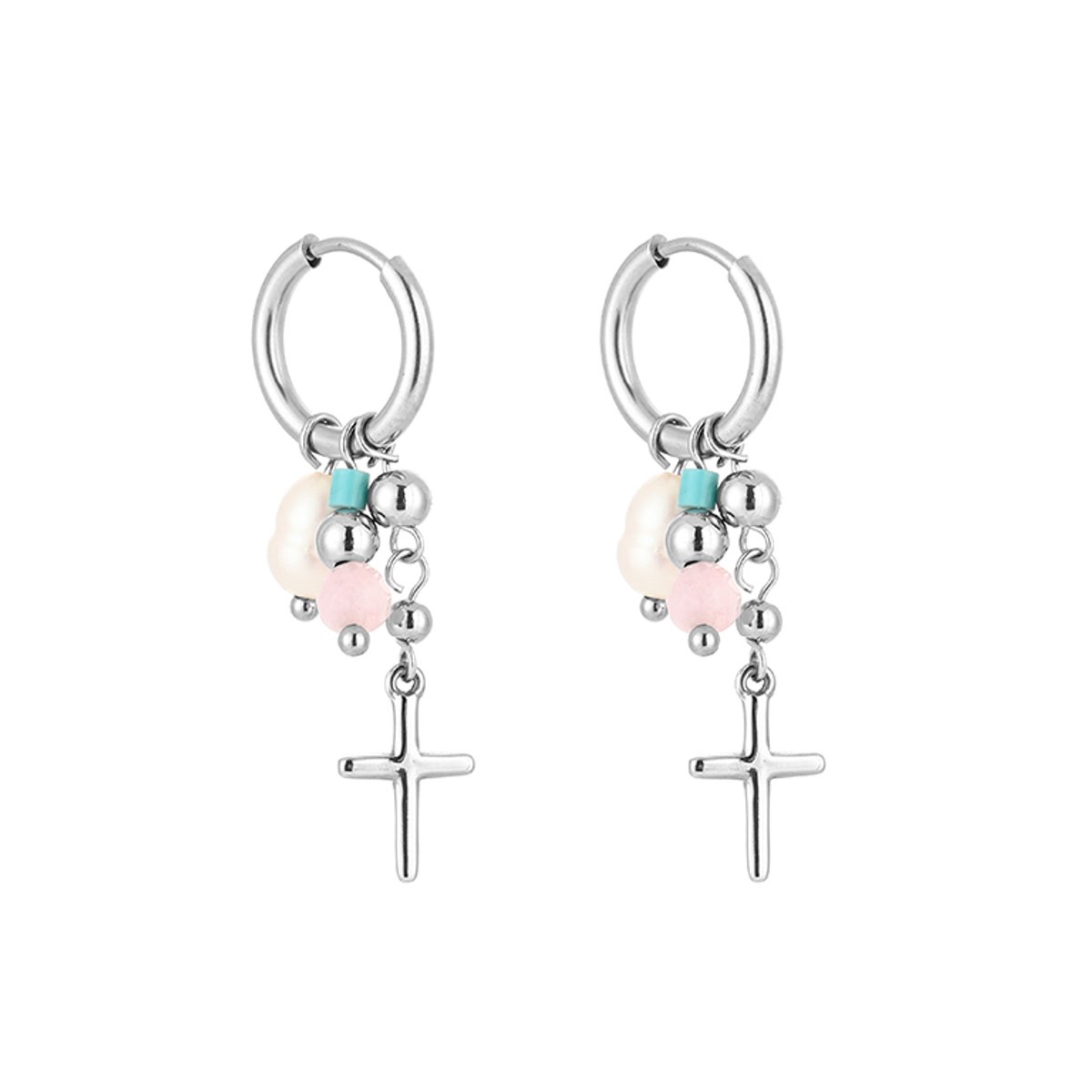Stainless Steel Pearl & Cross Charm Huggie Hoops – Luxe Bedel Oorringen – RVS - Zilver