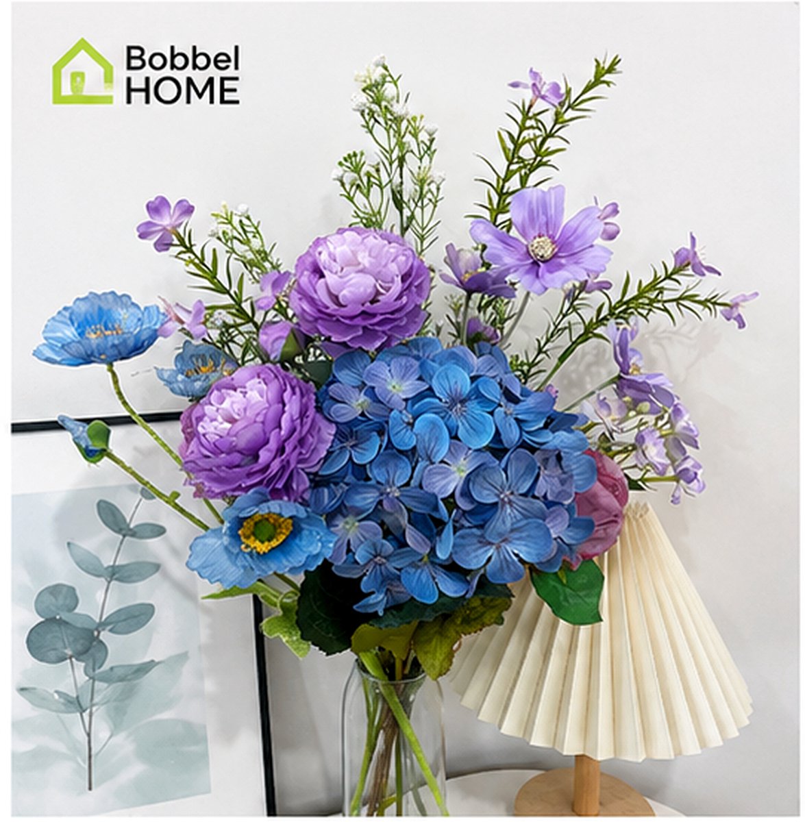 Bobbel Home Kunstbloemen Boeket – Zijden Bloemen – Paars Blauw – 75 cm