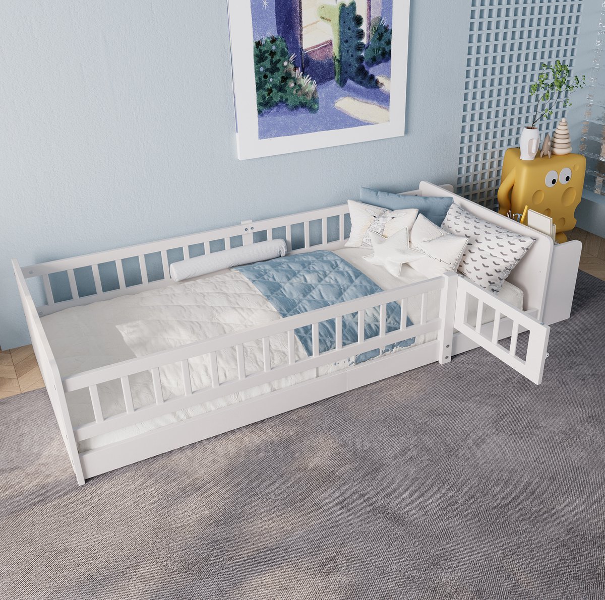 COVREO Kinderbed 223x95x45 cm – wit, grenenhout en MDF, met opbergruimte en hekje