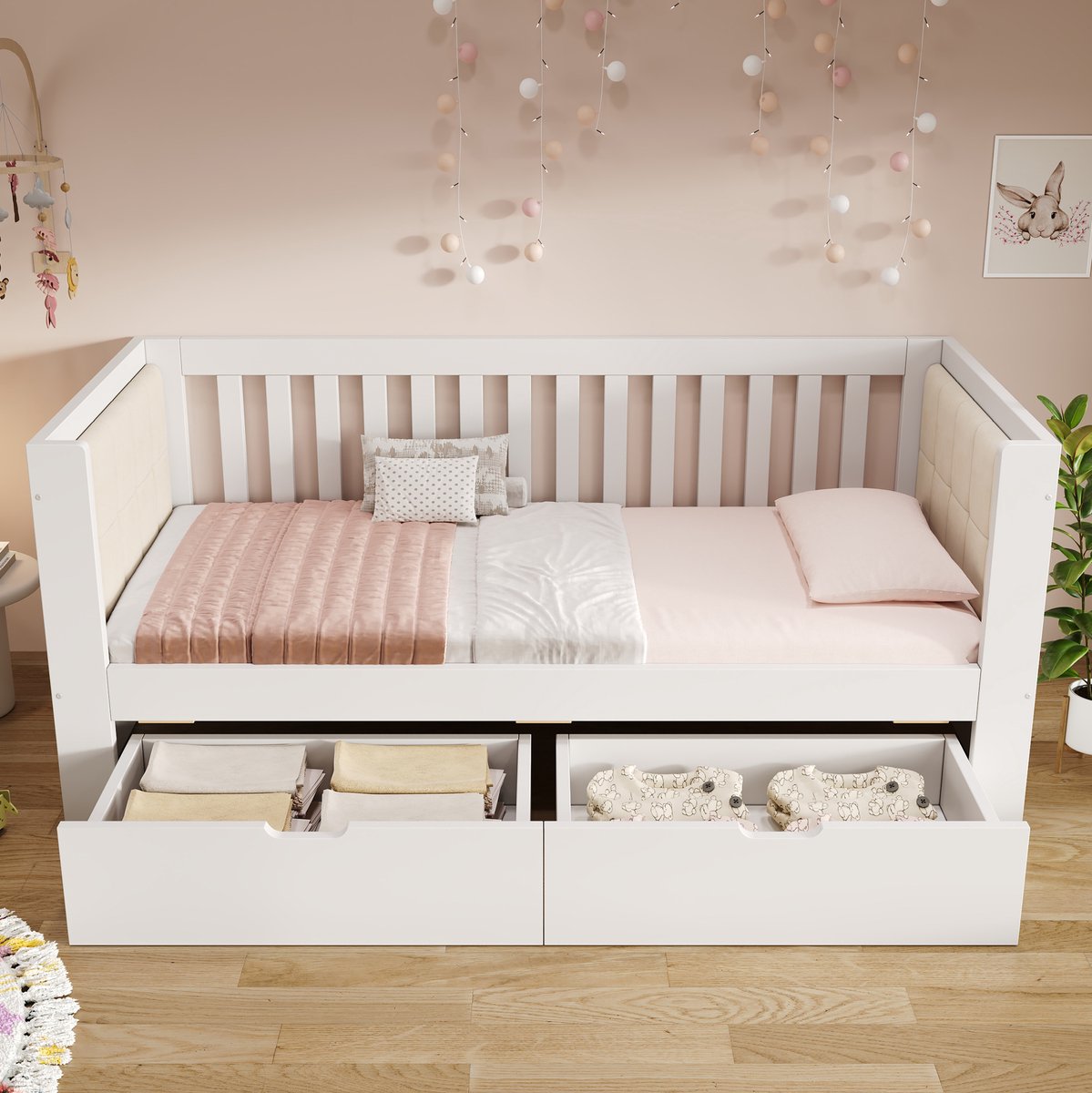 COVREO Bedbank 90x200 cm - wit, houten frame met 2 lades en lattenbodem