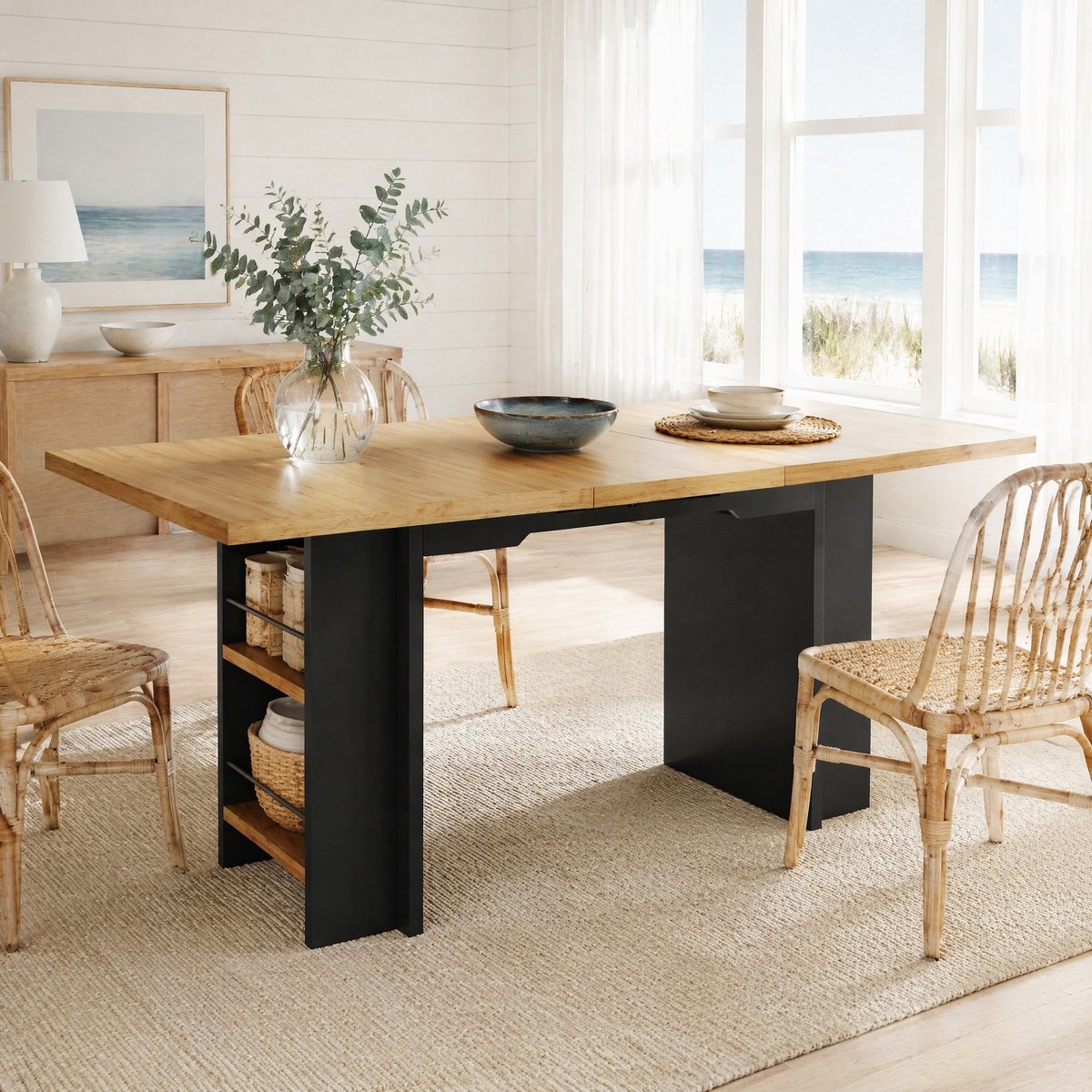 MEUNIQ Uitschuifbare eettafel 120-160 x 80 cm met open opbergrekken, MDF, rechthoekig, voor keuken, eetkamer en woonkamer, naturel Natural Wood