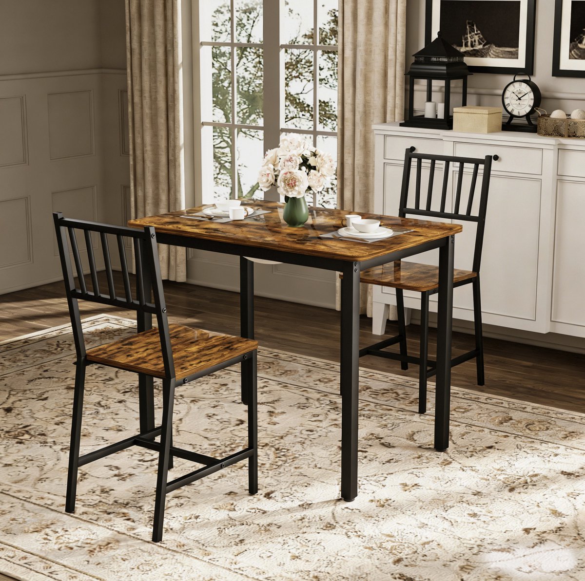 MEUNIQ industriële eettafelset met 2 stoelen, 90 x 60 x 75,5 cm, zwart metalen frame en rustiek bruin blad voor keuken of eetkamer