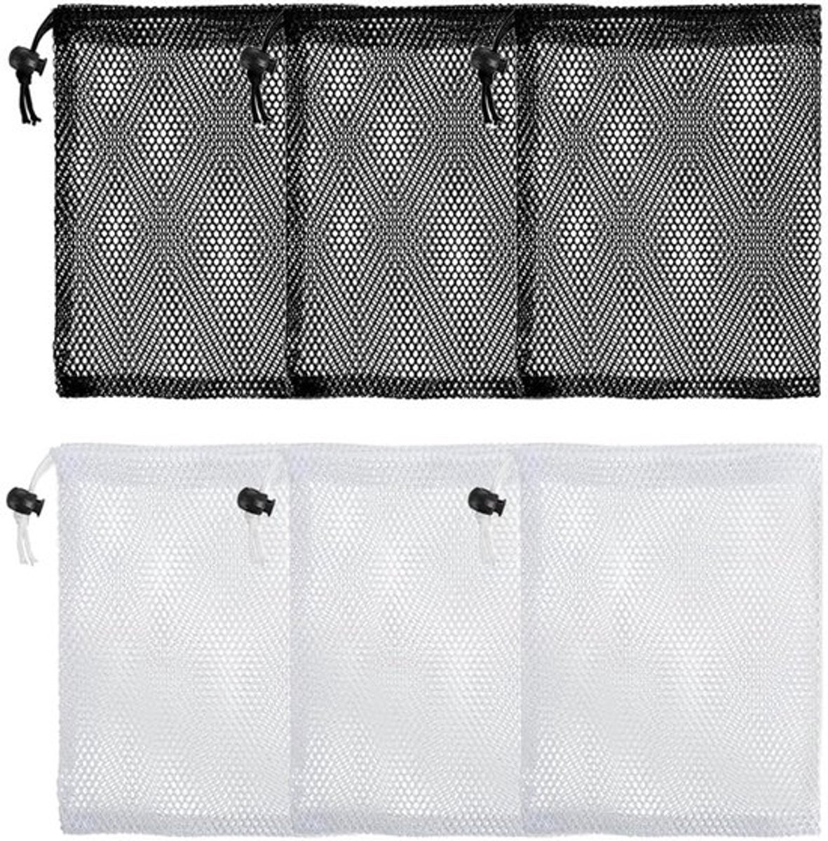Trekkoord Zak - 6 Stuks - Polyester - 15 x 20 cm - Mesh Opbergtas - Zwart/Wit - Duurzaam en Ademend