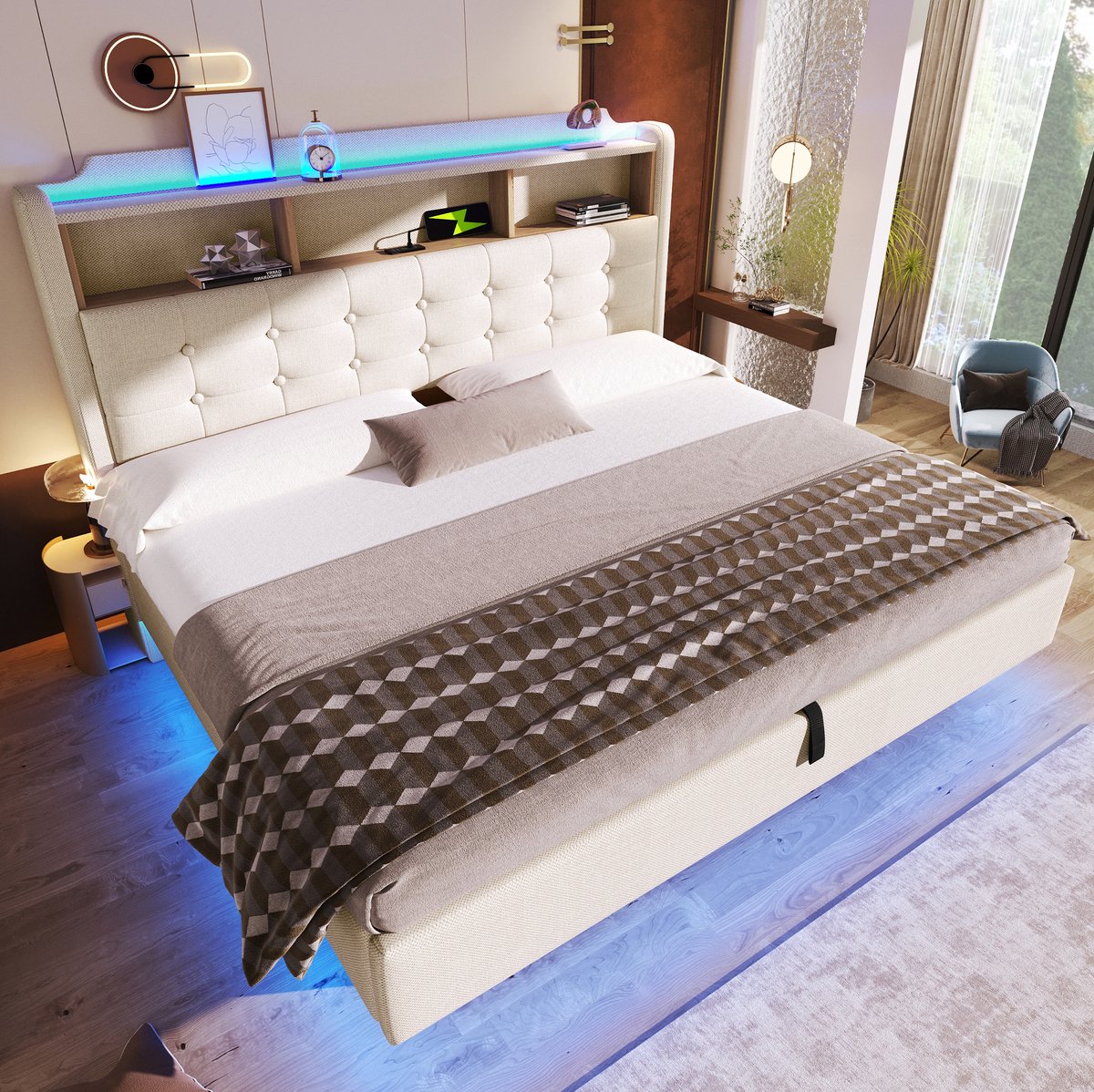 Gestoffeerd Bed 180x200 cm - Met Led-Lichtstrip en Usb en Type C - Hydraulische Opbergruimte en Hoofdbordvakken - Zonder Matras - Beige