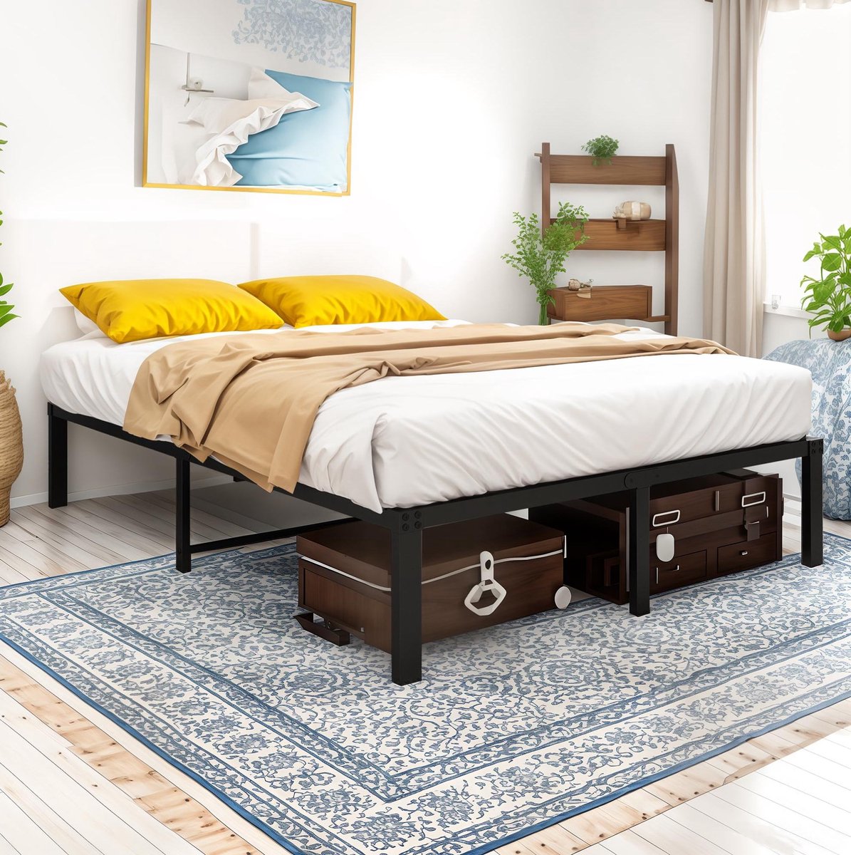 Metalen Bed 140 x 200 cm - Geruisloos Platformbed Met Hoofdbord - Met Onderbedruimte - Voor Volwassenen - Zwart - Zonder Matras