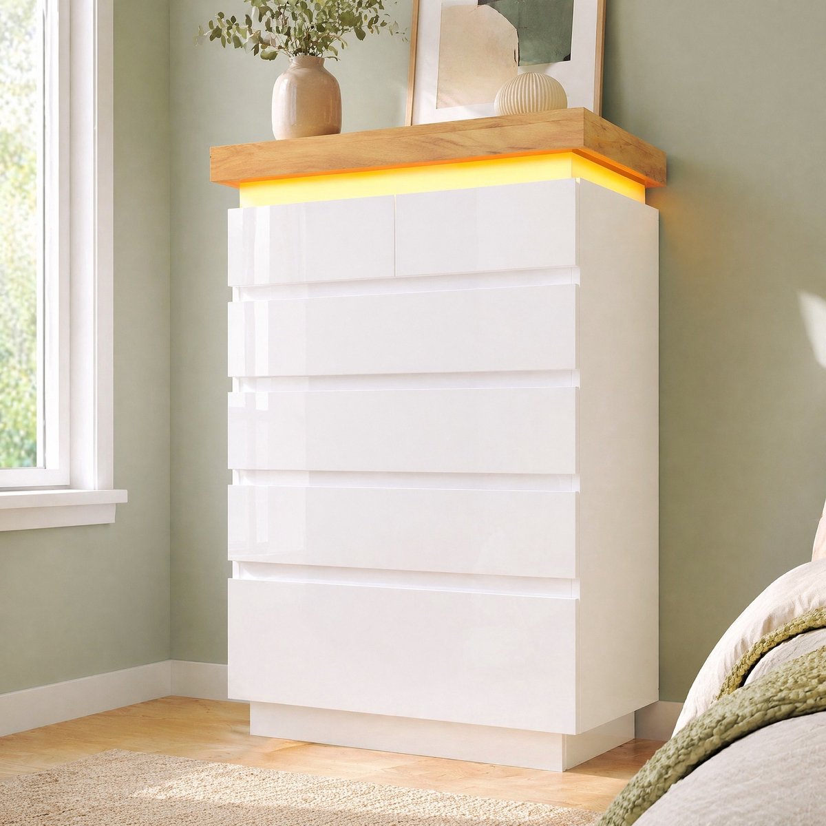 COVREO Ladekast 73 x 39 x 115 cm – hoogglans wit, 6 lades, LED verlichting