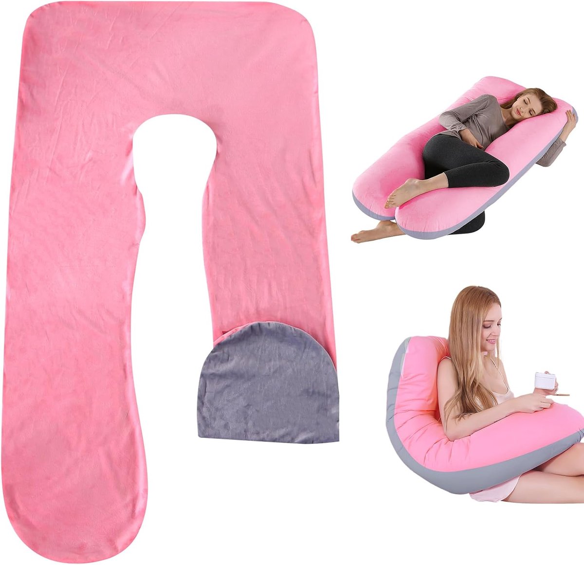 SnelShoppen - U-vorm Kussenhoes Side Sleeper Hoofdkussen Hoes Vervangende Katoenen Maternity Kussencase 140x80cm Roze Wasbaar