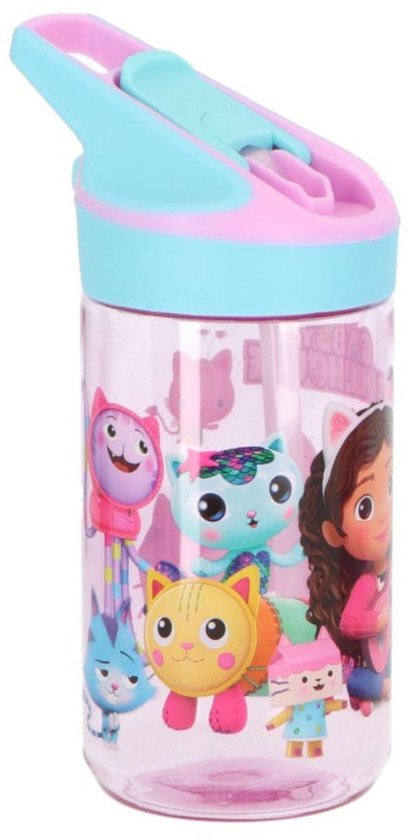 Roze fles met Gabby, CatRat, Pillow Cat en DJ Catnip. Blauw en paars deksel.