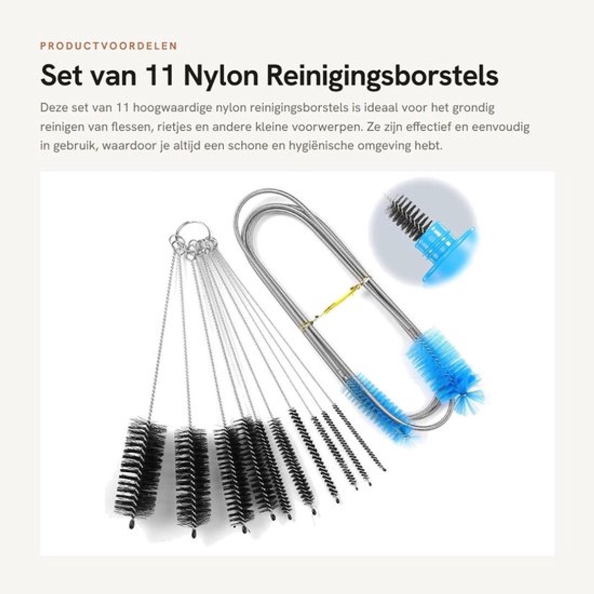Reinigingsborstel 11 stuks - Dubbelzijdige Flexibele Buisborstel - Nylon Rietjesborstel -