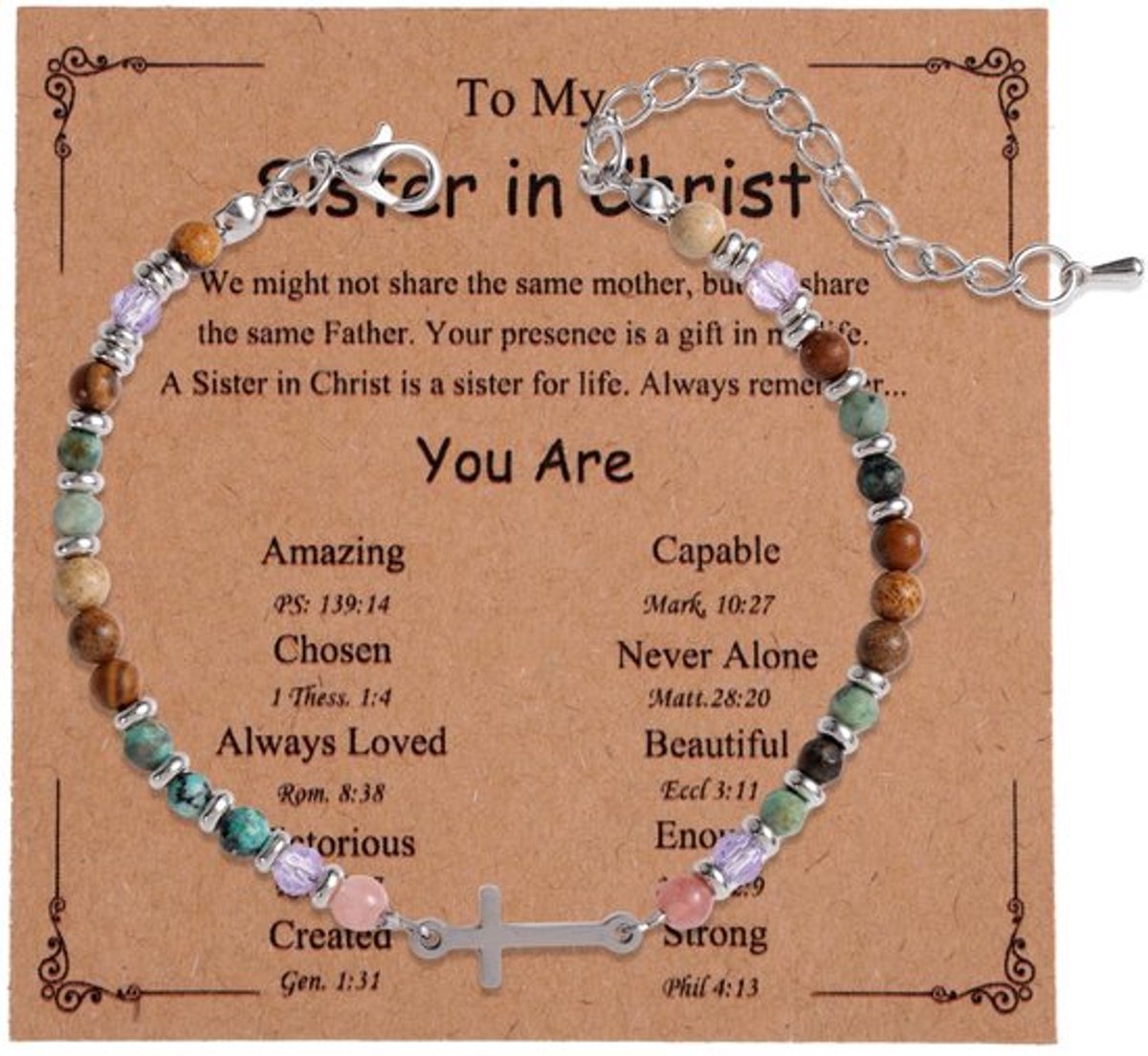 Kruisarmband Turquoise - Sieraden voor Vrouwen - Christelijke Geschenken - Metalen Kralen - 25,5 cm Lang - Inclusief Kaart - Sieraad