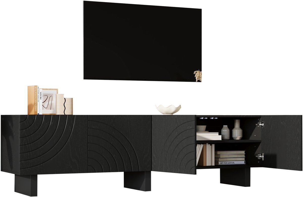 DESMIU Dressoir - Tv Meubel Met 4 Deuren En Opbergruimte - Geschikt Voor Woonkamer En Tv Tot 75 Inch - Spaanplaat - 180x40x55 Cm - Zwart