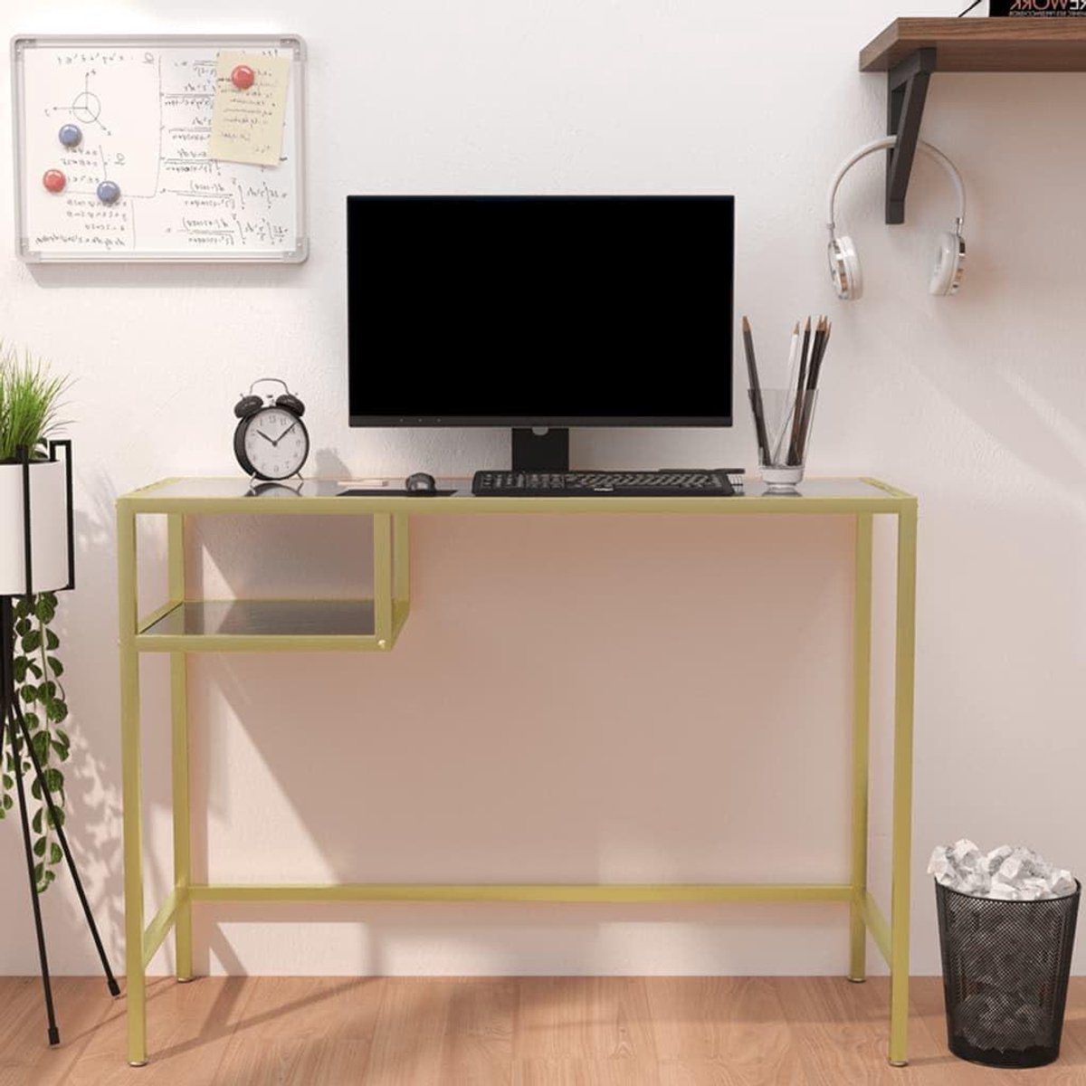Computer Bureau - Werktafel Bureau - Thuiswerken Kantoor - Zwart Marmer Look - 100x36x74 cm - Zwart Goud