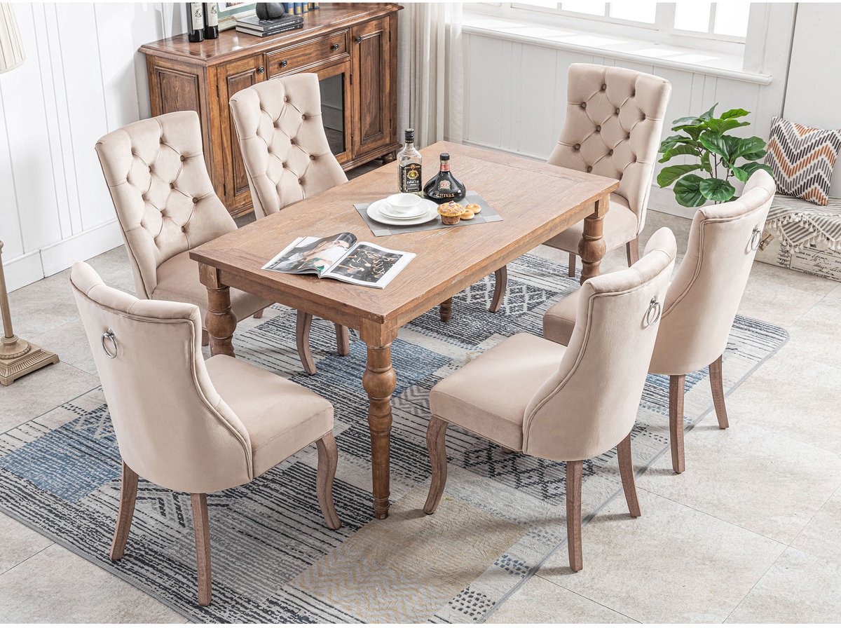 MEUNIQ Eetkamerstoel set van 6 beige velvet met hoge rugleuning, knoopstiksel en houten onderstel, 97 x 51 x 47 cm, voor eetkamer en keuken