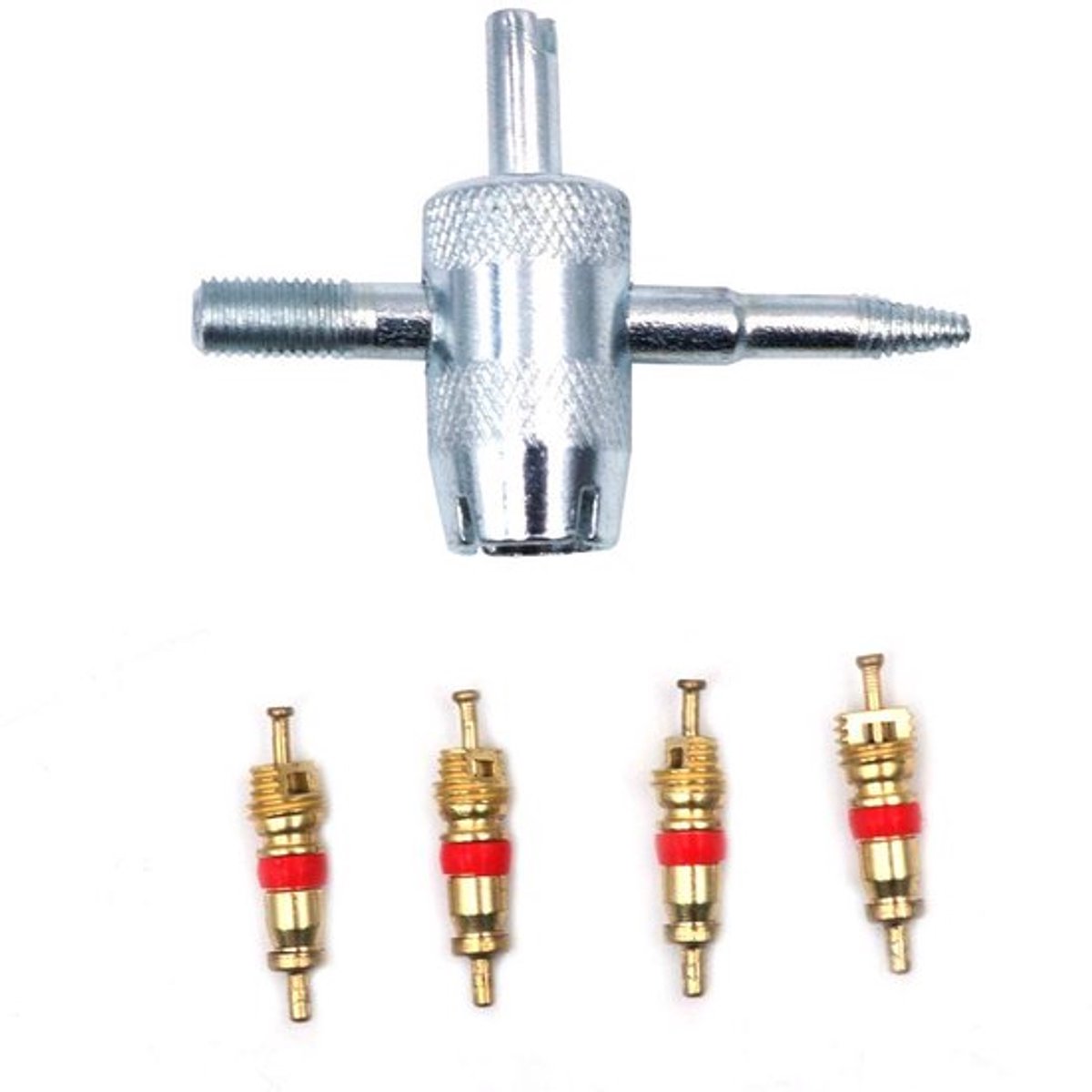 Ventielgereedschap 4-weg - Geschikt voor voertuigen/airconditioning - Inclusief 4 klepkernen - Verwijderen van klepkernen - Afmetingen 47 x 33 mm - Compatibel met alle ventielen - Klepkern