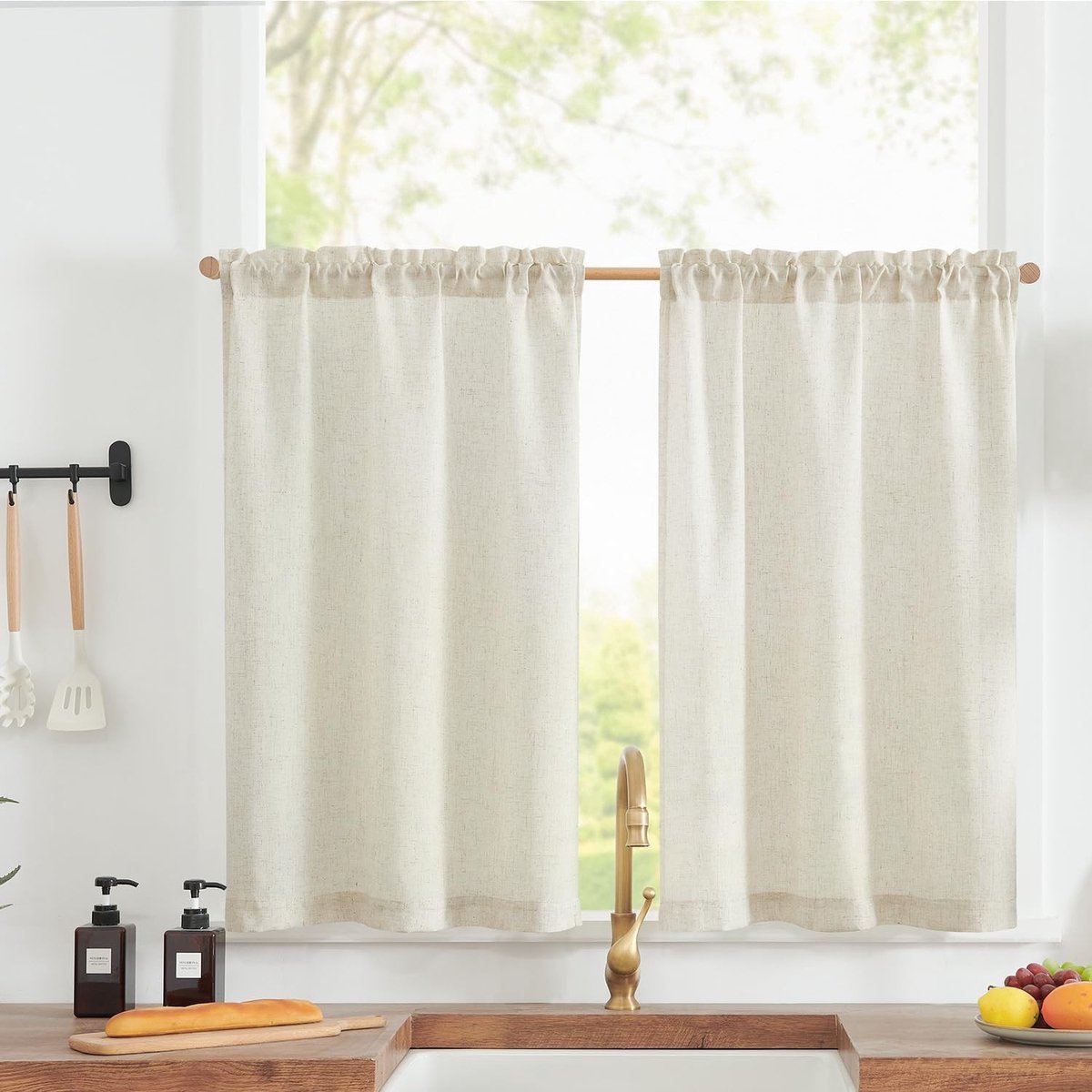 Set van 2 Korte Keuken Gordijnen H 75 x B 65 cm Linnen voor Woonkamer, Badkamer en Wasruimte - Lichtdoorlatend en Natuurthema
