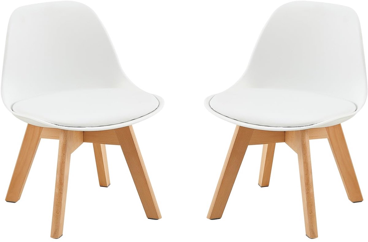 SnelShoppen - Set van 2 Kinderstoelen met Houten Poten, Stabiele Kinderstoelen met Rugleuning voor Kinderkamer, Voor Kinderen van 1-6 Jaar, Wit, PP +