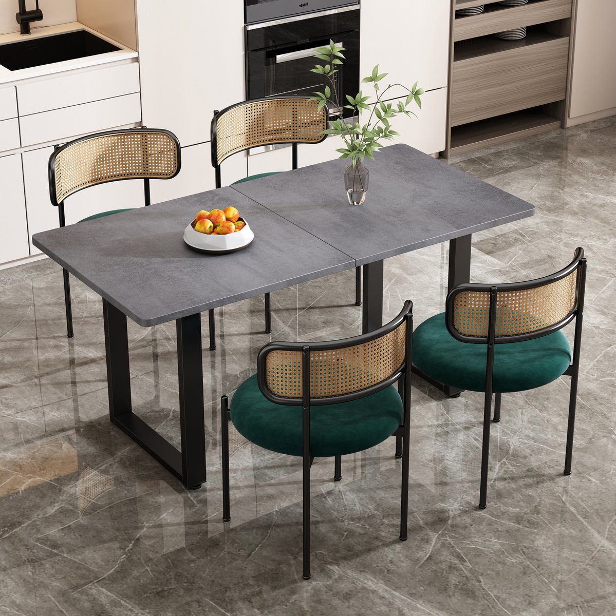 MEUNIQ Eetkamerstoel set van 4 velvet met rotan rugleuning en metalen poten, ronde zitting, 45 x 40 x 75 cm, groen, voor eetkamer woonkamer of slaapkamer