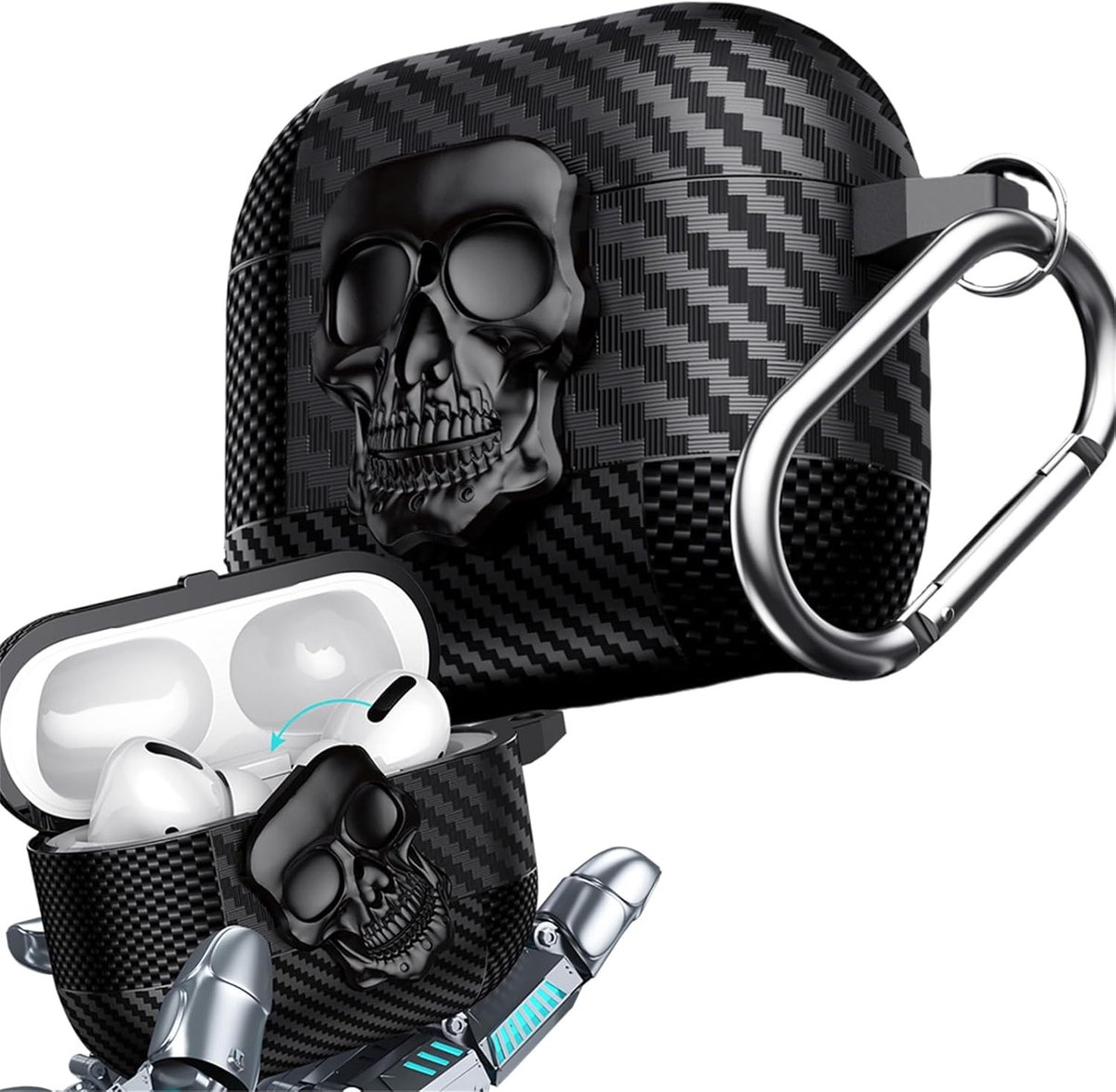 Carbon Fiber Hoes voor AirPods 4 (2024) - Beschermende, Lichtgewicht en Schokbestendige Case met Sleutelhanger en 3D Metalen Draaikopskull in Zwart
