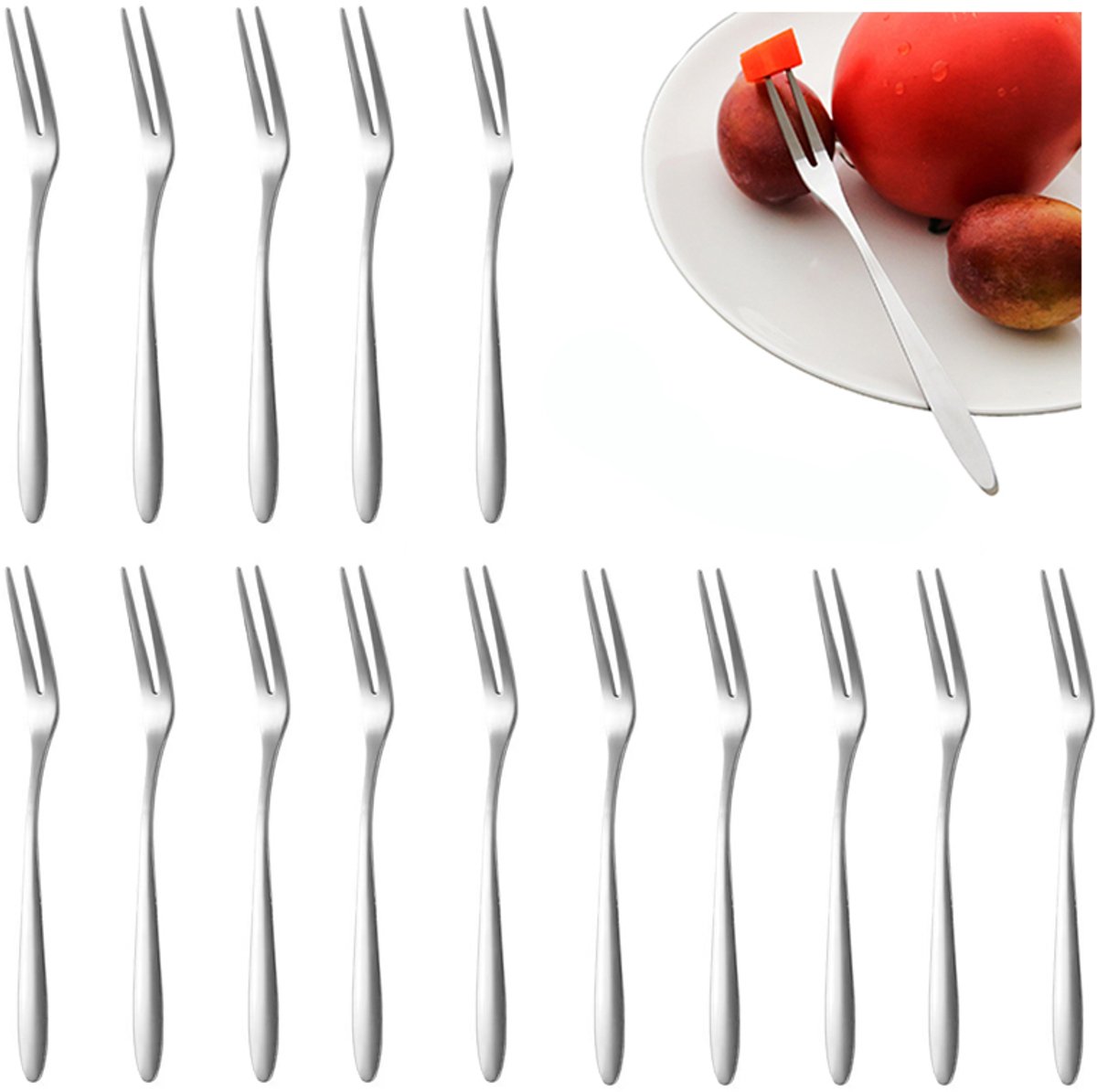 15-stuks Fruitvork - Cocktailvork - Snackvork - Dessertvork - Kaasvork - Feestvork - Olijfvork - Speerbestek - 13*1 cm - Herbruikbaar - Geschikt voor voorgerechten, desserts, feesten, familierestaurants, enz. - Zilver
