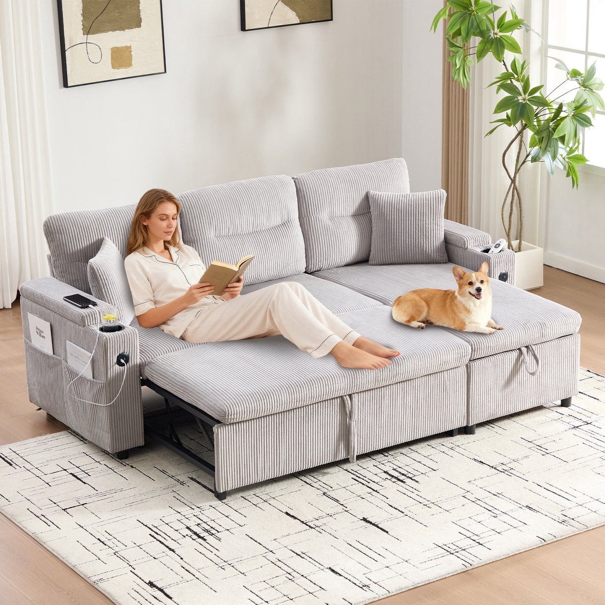 3-Zitsbank Corduroy - Slaapbank Met Chaise Longue, Opbergruimte En USB-C