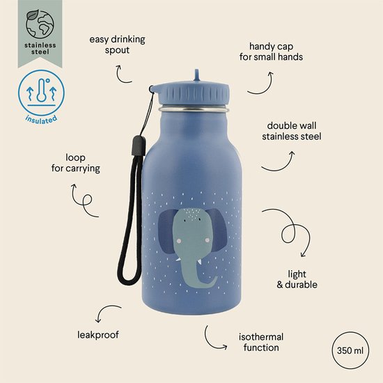 Trixie Thermos Drinkfles - Mrs. Elephant - RVS Waterfles voor kinderen - Lekvrije Fles - 350ml - Blauw van Trixie — afbeelding 2