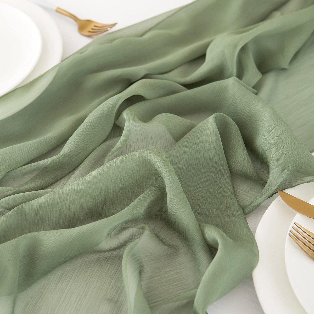 SnelShoppen - Chiffon tafelloper bruiloft tafeldecoratie stof tafelkleed saliegroen | 70 cm breed en 3 m lang voor feestelijke tafels en speciale gele