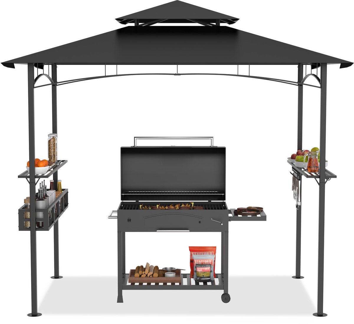 BBQ Paviljoen 245x141x253 cm - Barbecue Overkapping met Dubbel Dak - BBQ Tent met Zijluifel - Tuinpaviljoen voor Tuin & Terras - Zwart