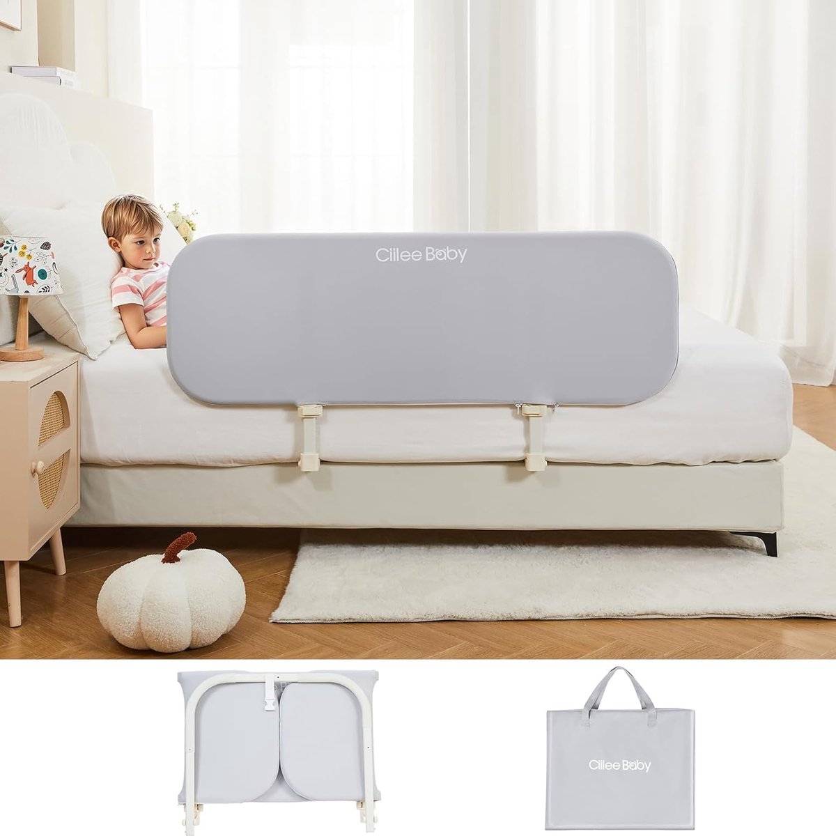 SnelShoppen - GUUSII HOME Bedhek Valbeveiliging Boxspringbed Draagbare Opvouwbare Kindervalbeveiliging Hoogteverstelbaar Grijs 80cm