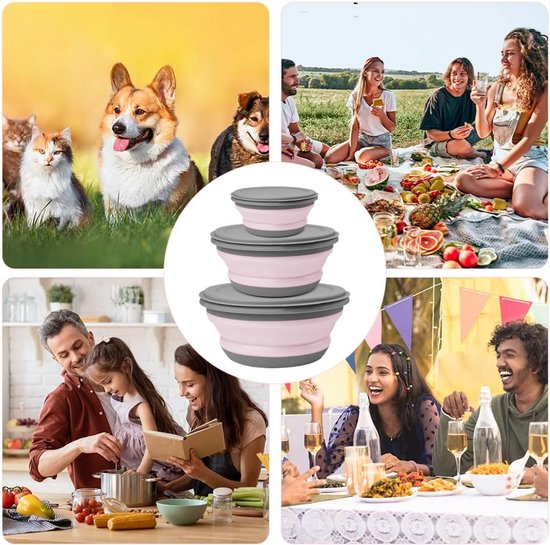 Opvouwbare campingset 3-delig - siliconen kom met deksel - draagbaar - ideaal voor kamperen - ShopVlot — afbeelding 4