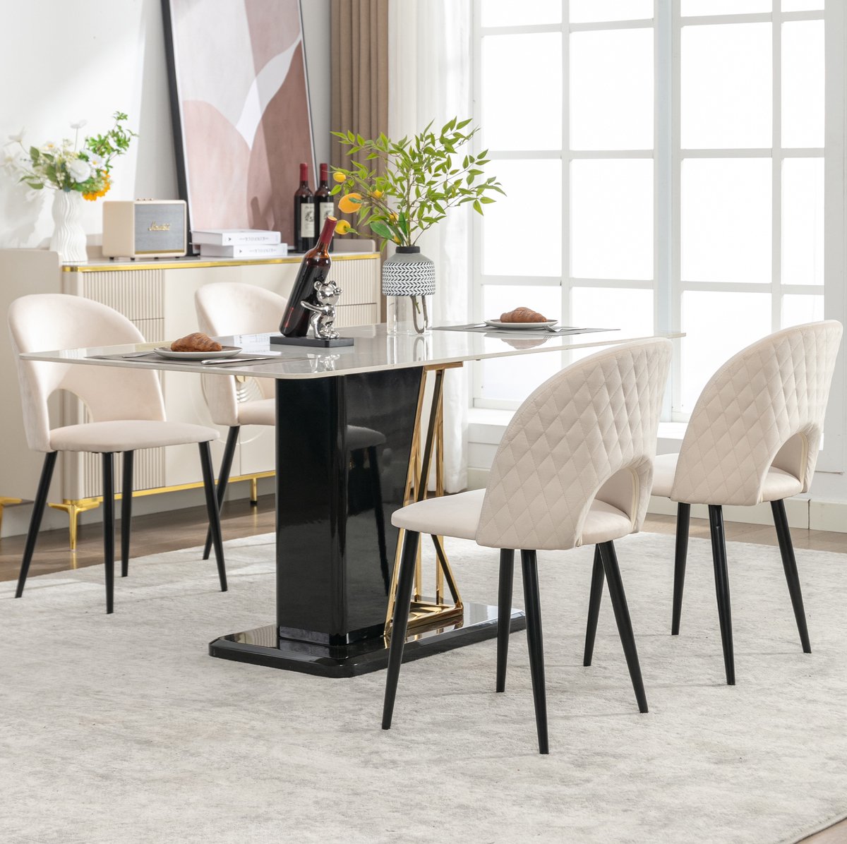 MEUNIQ Eetkamerstoel set van 4, beige, met rugleuning, velvet zitting, metalen onderstel, verstelbare voeten en opengewerkt design voor eetkamer