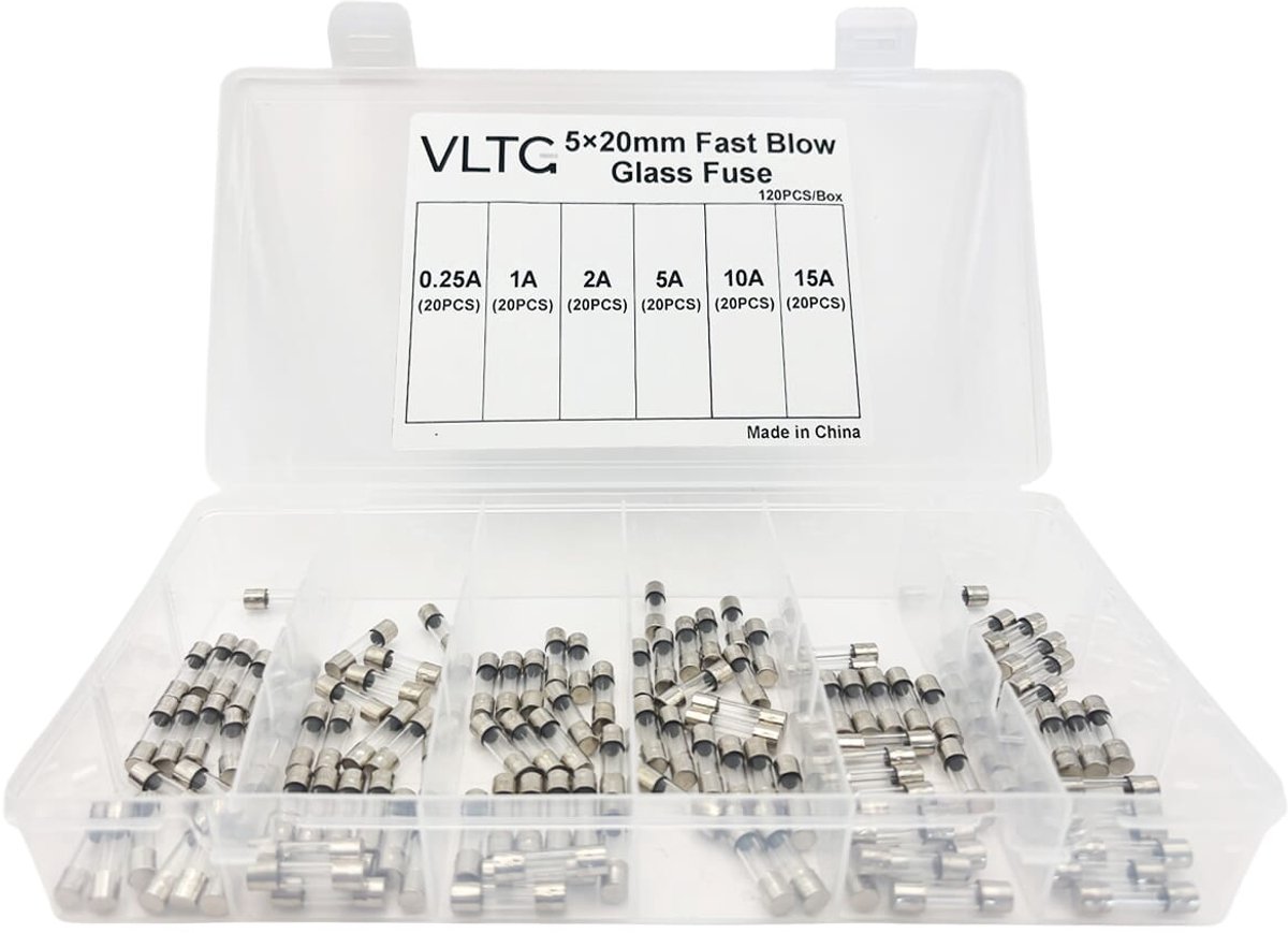 VLTG Glaszekering 5x20mm - Buiszekering - Snel (F) - 0.25A t/m 15A - Zekeringset 120 stuks
