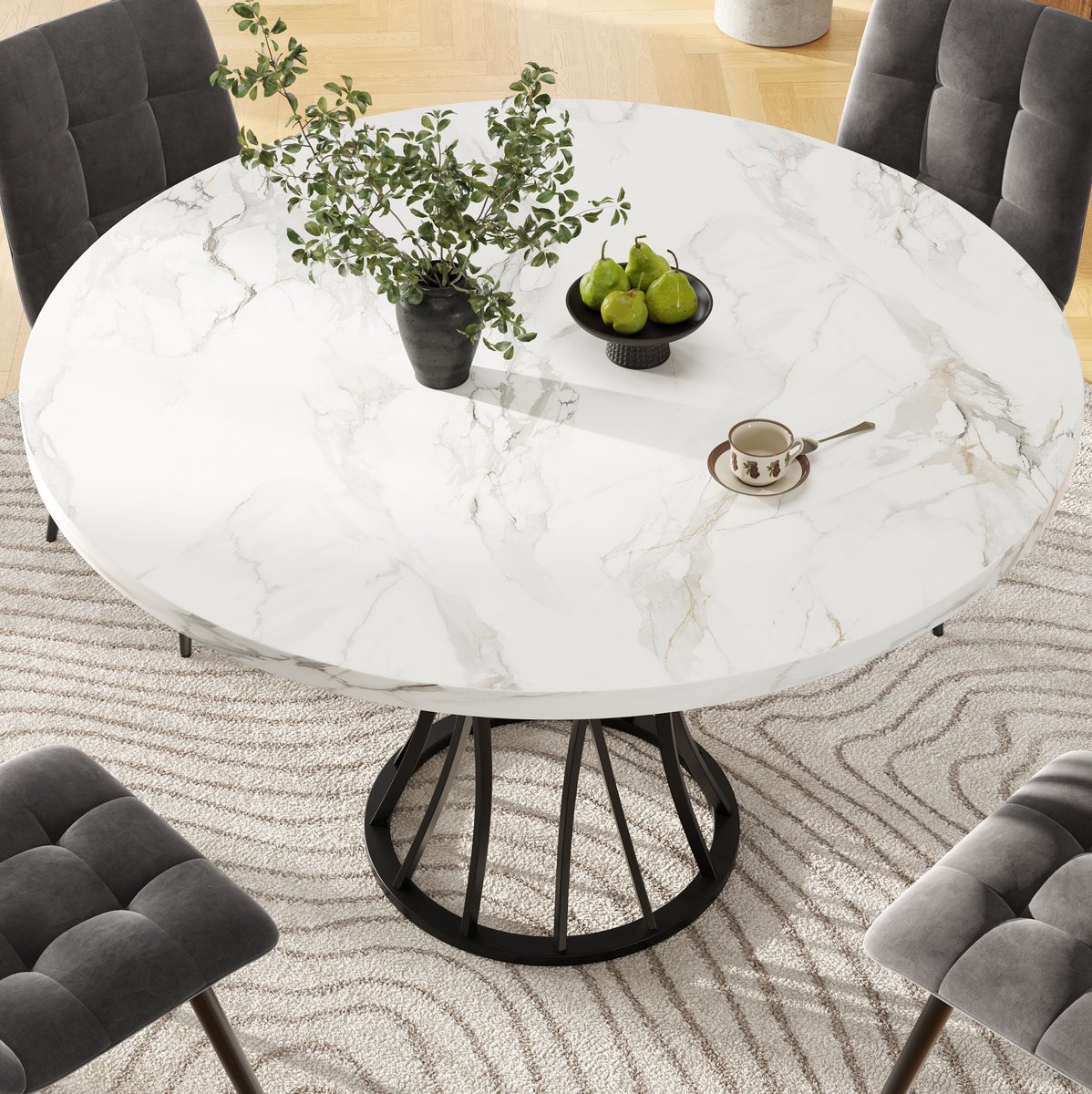 MEUNIQ Eettafelset 5-delig met ronde tafel 80 x 80 x 76 cm en 4 fluwelen eetkamerstoelen, wit marmerlook tafelblad, zwarte metalen poten, grijs