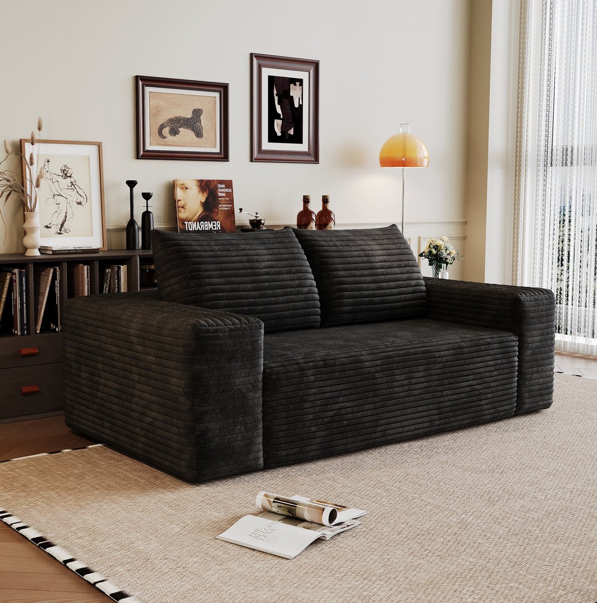 OKWISH Zitbank 180 cm - Diepe Zit En Zacht Comfort - Voor Woonkamer Of Slaapkamer - Stoffen Corduroy - Zwart
