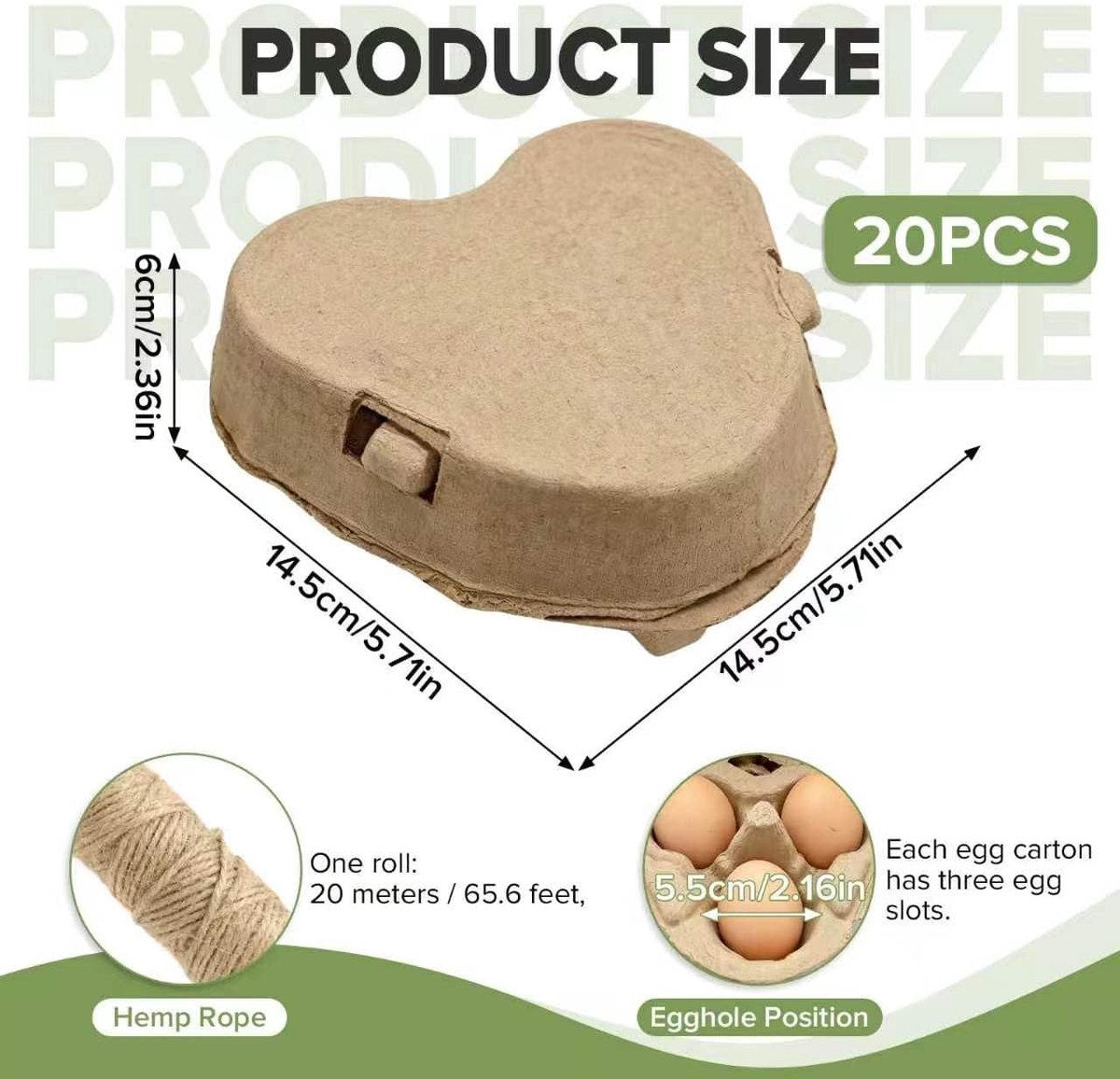Hartvormige eierdozen van papierpulp met jute band - 20 stuks voor 3 eieren, ideaal voor boerderijmarkten en cadeauverpakkingen