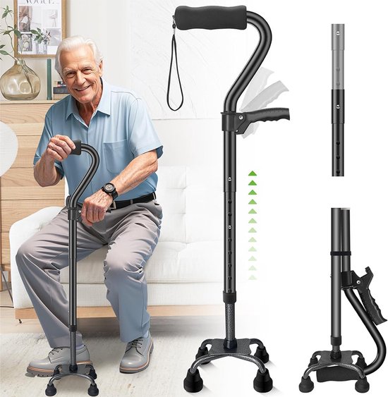 Vierpoot Wandelstok Aluminium - Wandelstok met 4 Poten - Met Ergonomisch Comfort Handvat - 78-95 cm - 8 Standen - Antislip - Groot Onderstel - Voor Ouderen en Herstel