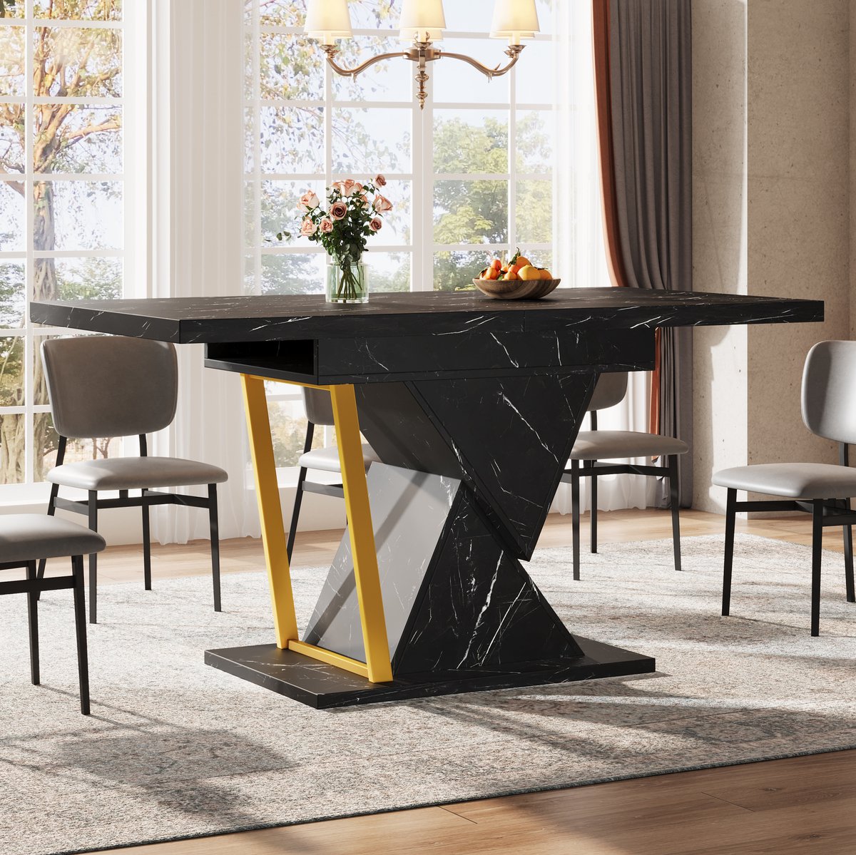 MEUNIQ Uitklapbare eettafel 110-140 x 80 x 76 cm, zwart, rechthoekig, marmerlook, voor 6 personen, eetkamer en keuken