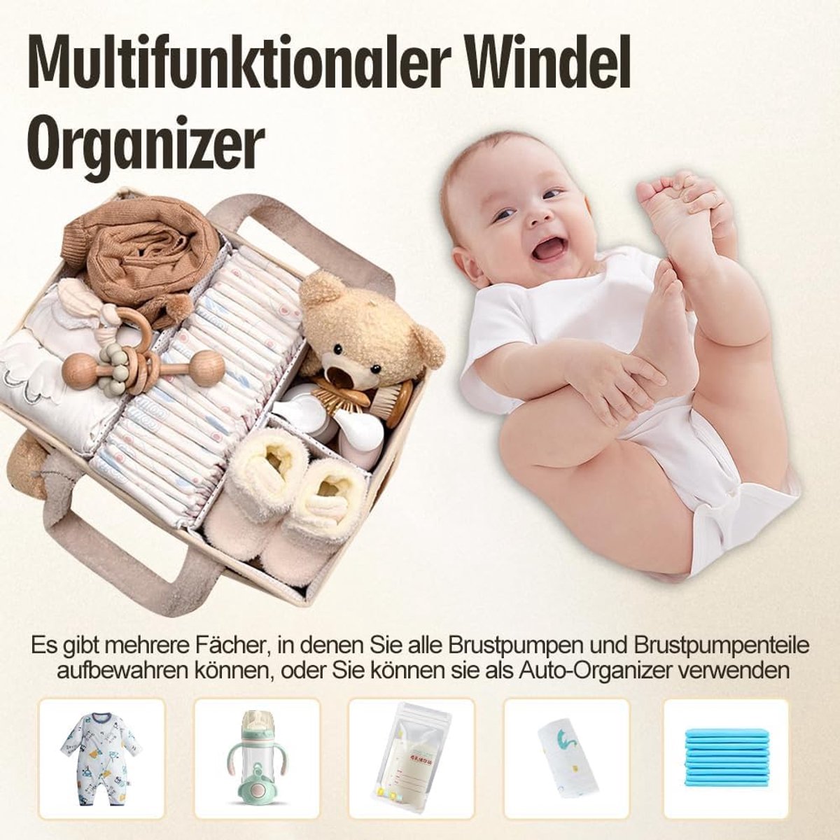 SnelShoppen - Wiegtas Organizer Plüsch Draagbare Commode Organizer met Teddy, Uitneembare Vakken, Baby Opbergmand voor Wieg en Babyspullen, Kwaliteits