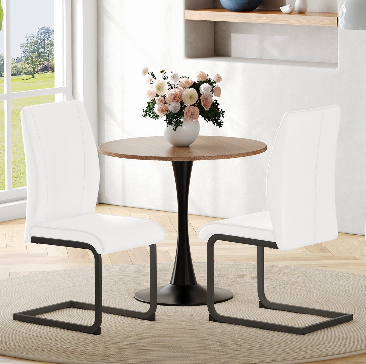 MEUNIQ Eetkamerstoel set van 2 - wit kunstleer met zwart metalen buisframe, hoge ergonomische rugleuning en gewatteerde zitting voor de eetkamer White